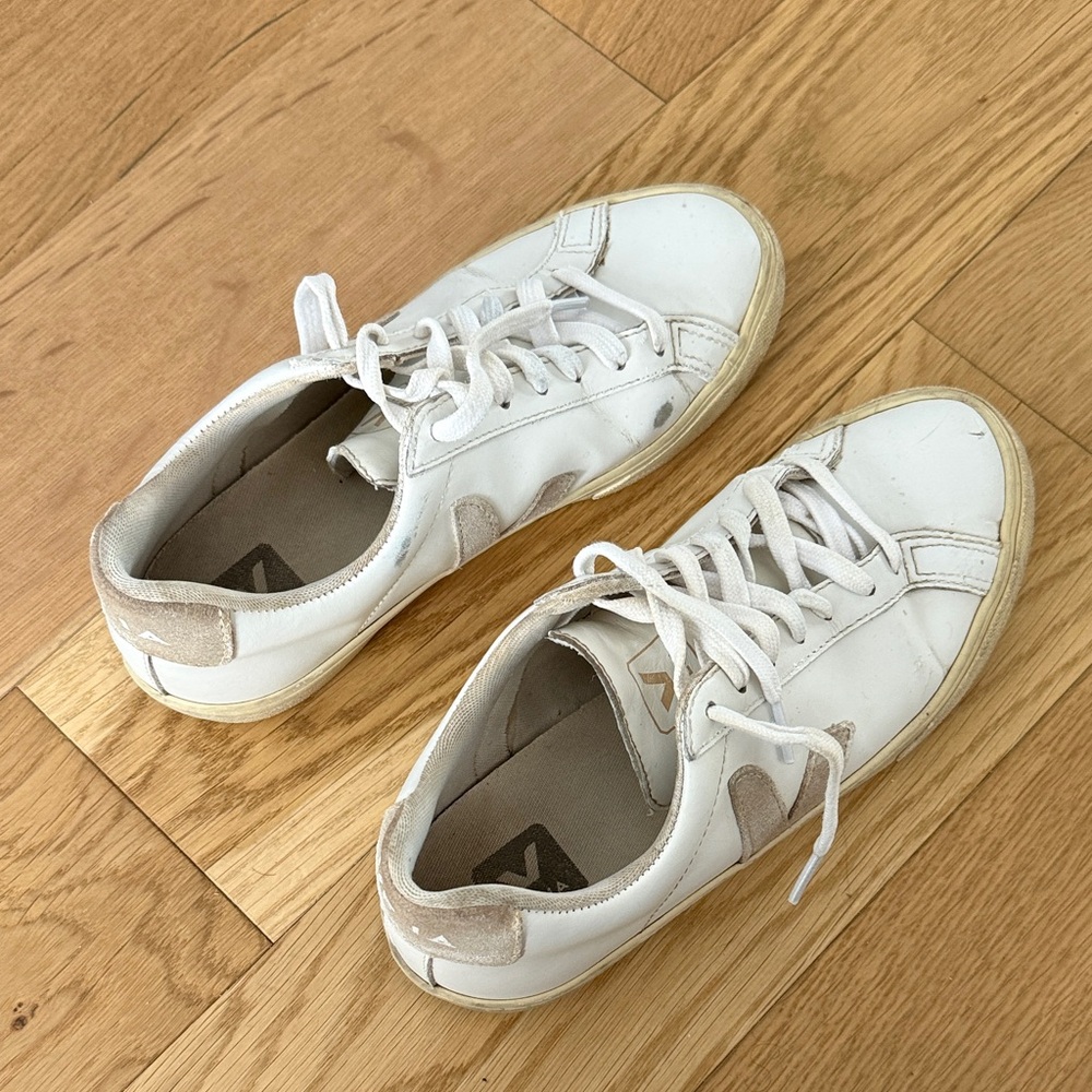Veja White and Tan Leather Sneakers